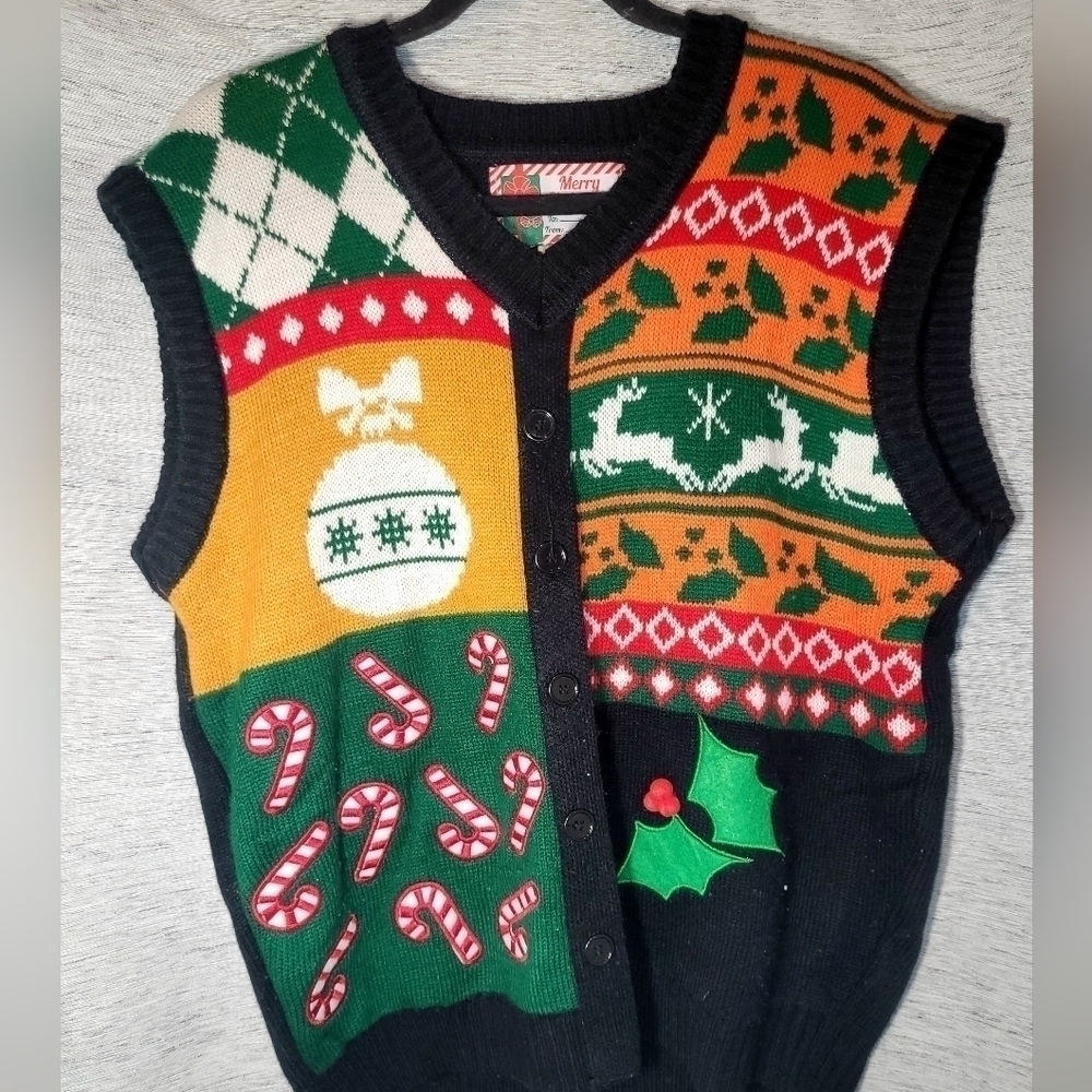 Vintage XL Ugly Sweater Knit Vest Fun Patterns